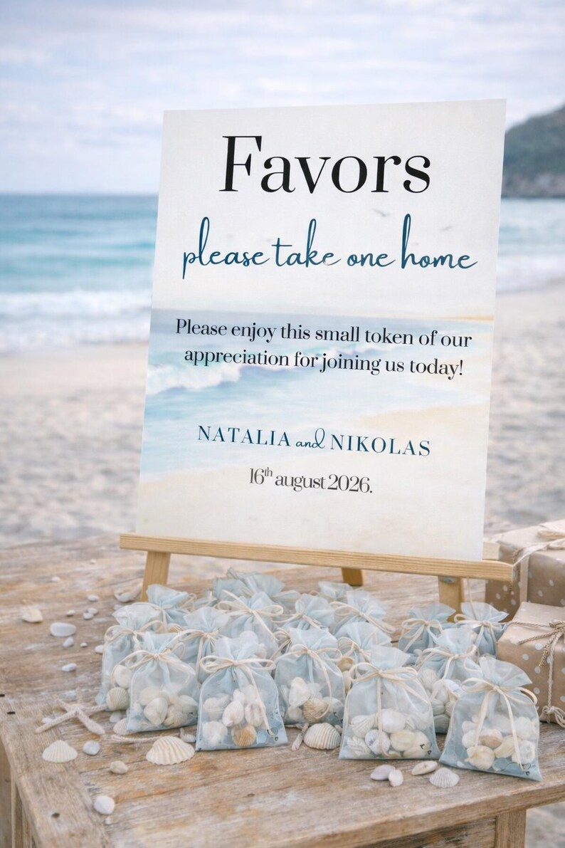 Ocean wedding signs bundle featuring a coordinated set of 13 printable ceremony and reception signs, including welcome sign, seating chart, timeline, bar signs, guest book, cards and gifts, favors, reserved, unplugged ceremony, and table numbers. Soft blue ocean background with elegant coastal typography creates a romantic beach and destination wedding look. Fully editable in Canva and available in multiple sizes, perfect for seaside, coastal, and tropical weddings.