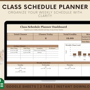 Puede incluir: Una pantalla de portátil muestra un panel de control del planificador de horarios de clase. La pantalla muestra un horario semanal con secciones para el total de clases, créditos y un gráfico de carga de clases semanal. El texto en la parte superior dice "Planificador de horarios de clase".