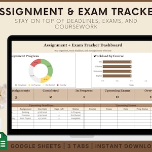 May include: A laptop screen displays an assignment and exam tracker dashboard. The screen shows a pie chart, workload by course, and upcoming deadlines. The text reads "Assignment & Exam Tracker" and "Google Sheets". A vase of white flowers is on the left.