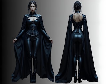 Women's Gothic Leather Halloween Costume, Black Vampire Cape Jumpsuit, Medieval Witch Outfit, Cosplay Bodysuit