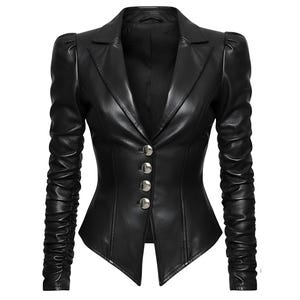 May include: A black leather blazer featuring a notched collar and three silver buttons. The sleeves are ruched, and the jacket has a fitted shape. This stylish jacket is suitable for various occasions.
