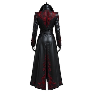 Back view of men's black leather gothic trench coat showcasing intricate red embroidery and full-length Victorian silhouette.