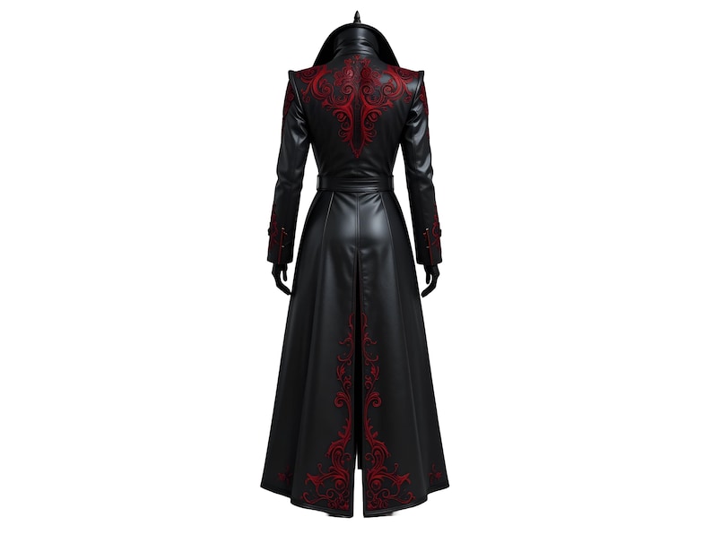 Back view of men's black leather gothic trench coat showcasing intricate red embroidery and full-length Victorian silhouette.