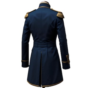 May include: A navy blue military-style coat with gold trim and epaulets. The coat has a high collar, a belted waist, and gold detailing on the cuffs. The back of the coat has a split vent, and the overall design is formal.