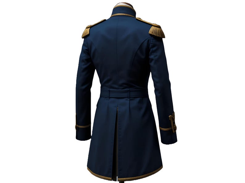 May include: A navy blue military-style coat with gold trim and epaulets. The coat has a high collar, a belted waist, and gold detailing on the cuffs. The back of the coat has a split vent, and the overall design is formal.