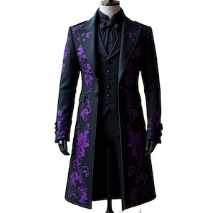 May include: A black overcoat with a purple floral design, displayed on a mannequin. The coat features a notched lapel, a three-button closure, and a matching vest. The sleeves have buttoned cuffs, and the coat is paired with a black shirt and tie.