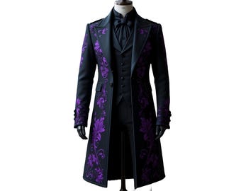 Casaco masculino gótico vitoriano | Casaco de cauda bordado em preto e roxo | Sobretudo longo steampunk de algodão para casamento, cosplay | Roupa formal
