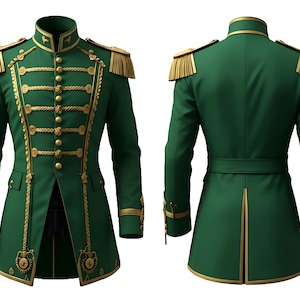 Op de afbeelding: Een groene jas in militaire stijl met gouden accenten, waaronder epauletten, knopen en decoratieve biezen. De jas heeft een hoge kraag en een getailleerde pasvorm, getoond van voor en achter. Het ontwerp doet denken aan historische militaire uniformen.
