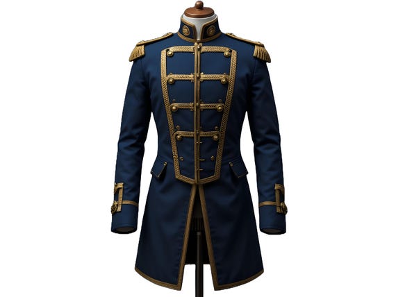 Men’s Gothic Military Cotton Coat – Victorian Steampunk Jacket with Gold Trim, Napoleonic Uniform Tailcoat, Vintage Cosplay Outfit