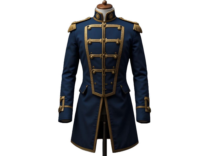 May include: A navy blue military-style coat with gold trim and epaulets. The long coat features a double-breasted front with decorative buttons and gold accents along the collar, cuffs, and pockets. The coat is displayed on a mannequin.