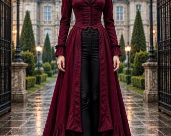 Women’s Gothic Victorian Coat, Burgundy Cotton Steampunk Jacket, Long Tailcoat, Renaissance Faire Outfit, Dark Academia Outerwear