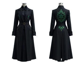 Manteau gothique victorien pour femme | Veste steampunk en coton noire | Veste longue brodée vampire | Trench gothique pour cosplay et festivals