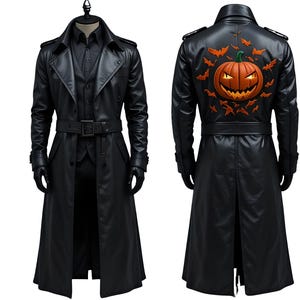 Könnte beinhalten: Schwarzer Ledertrenchcoat mit passendem Gürtel und Handschuhen. Auf der Rückseite des Mantels befindet sich ein großes orangefarbenes Kürbisdesign mit Fledermäusen, perfekt für Halloween. Der Mantel wird auf einer Schaufensterpuppe präsentiert.