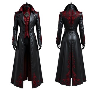 Men's black genuine leather gothic Victorian trench coat with red embroidery, vampire collar, long leather cosplay coat front view.