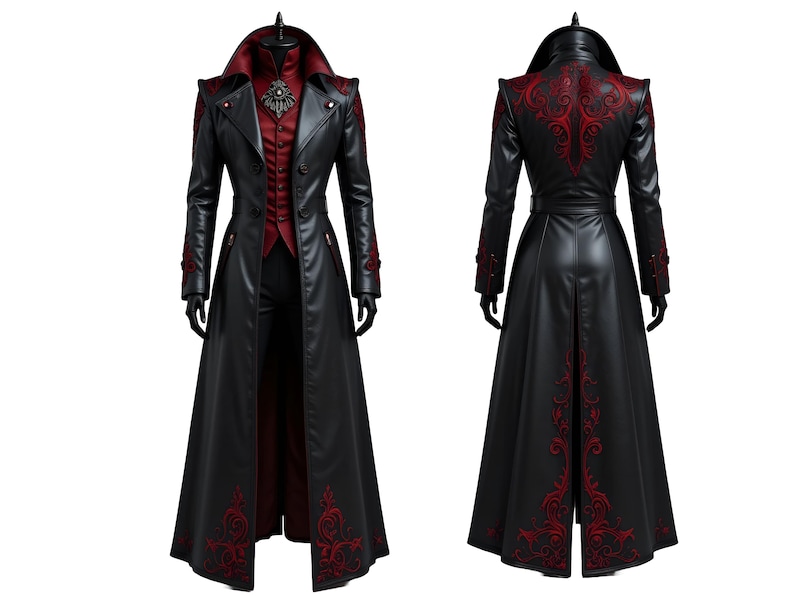 Men's black genuine leather gothic Victorian trench coat with red embroidery, vampire collar, long leather cosplay coat front view.