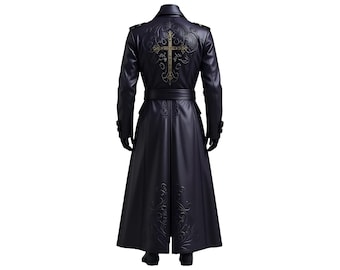 Mens Gothic Leather Trench Coat | Victorian Gothic Vampire Long Jacket | Embroidered Cross Steampunk Festival Coat | Gothic Victorian Jacket