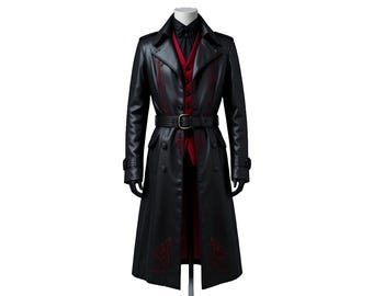Men’s Genuine Leather Gothic Coat | Vampire Trench Coat with Embroidery & Belt | Gothic Leather Suit Jacket for Cosplay And Steampunk