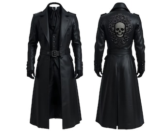 Men’s Gothic Leather Trench Coat | Victorian Gothic Vampire Jacket | Steampunk Skull Embroidered Long Coat | Gothic Festival Cosplay Wear