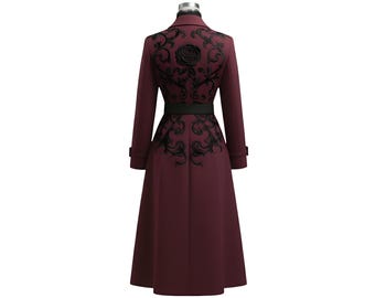 Women's Gothic Trench Coat – Long Victorian Steampunk Jacket, Burgundy Cotton Overcoat with Black Embroidery, Elegant Gothic Outerwear