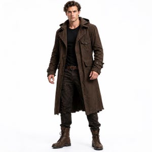 May include: A long brown hooded trench coat featuring a button-up front, two large flap pockets on the chest, and two lower flap pockets. The coat is worn over a plain black t-shirt, dark brown trousers with a brown leather belt, and brown boots.