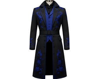 Men's Gothic Victorian Tailcoat – Black Cotton Embroidered