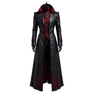 Men's black genuine leather gothic Victorian trench coat with red embroidery, vampire collar, long leather cosplay coat front view.