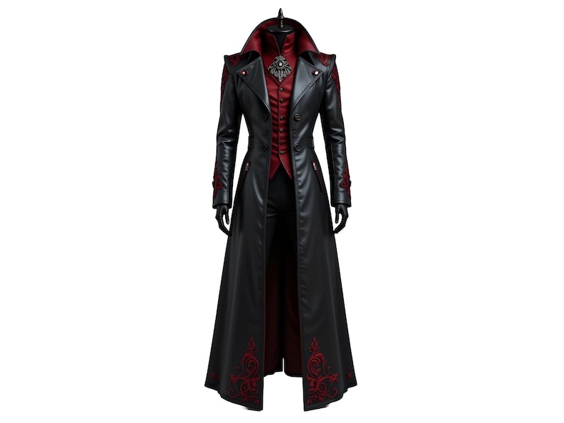Men's black genuine leather gothic Victorian trench coat with red embroidery, vampire collar, long leather cosplay coat front view.