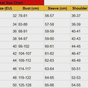 May include: A size chart for a Women's Gothic Jacket, with measurements in centimeters. Sizes range from 2XS to 5XL, including bust, sleeve, shoulder, and length measurements. The chart is on a light background with black text.