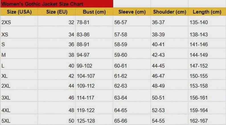 May include: A size chart for a Women's Gothic Jacket, with measurements in centimeters. Sizes range from 2XS to 5XL, including bust, sleeve, shoulder, and length measurements. The chart is on a light background with black text.