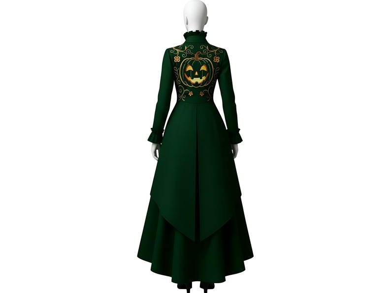 May include: A dark green long coat with a pumpkin design embroidered on the back. The coat has long sleeves, a high collar, and a flared skirt. The pumpkin is gold with a smiling face.