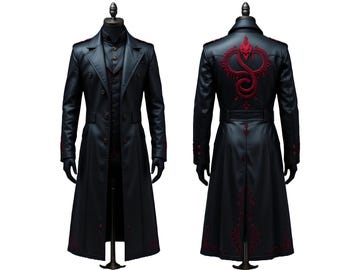 Men’s Gothic Leather Coat with Vest – Vampire Trench Coat with Red Snake Embroidery – Genuine Leather Gothic Long Jacket