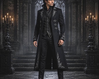 Men's Gothic Cotton Tailcoat, Victorian Black Frock Coat, Silver Embroidered Gothic Jacket, Steampunk Wedding Coat, Vampire Outfit