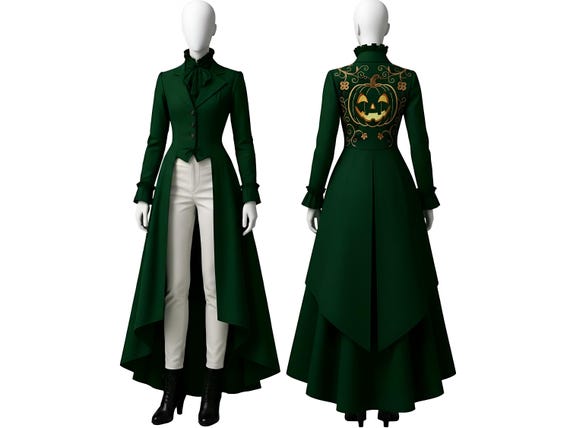 Gothic Halloween Coat for Women | Victorian Tailcoat Jacket | Steampunk Pumpkin Embroidered Overcoat | Vintage Cotton Costume