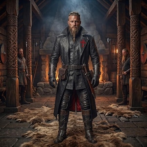 May include: A person with a braided beard wears a long black leather coat featuring a red cross emblem on the chest, a matching vest, dark trousers, leather gloves, and tall boots. A leather belt with a pouch and a sheathed sword are worn at the waist.
