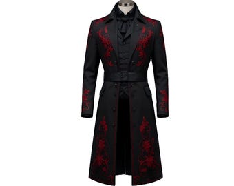 Men’s Gothic Cotton Tailcoat, Gothic dress men, Victorian costume, Steampunk cosplay jacket, Embroidered Red & Black Trench Coat