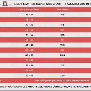 May include: A leather jacket size chart with measurements in inches. The chart includes sizes from XXS to 8XL, detailing chest, shoulder, and sleeve dimensions. The text at the bottom says, "We will guide you how to take measurements."