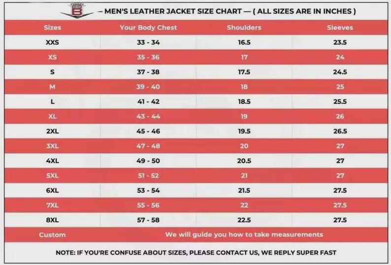 May include: A leather jacket size chart with measurements in inches. The chart includes sizes from XXS to 8XL, detailing chest, shoulder, and sleeve dimensions. The text at the bottom says, "We will guide you how to take measurements."
