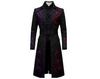 Herren Gothic viktorianischer gestickter Trenchcoat | Schwarze Baumwolle Lange Steampunk Frackjacke | Festival Cosplay Darkwear Outfit für Männer