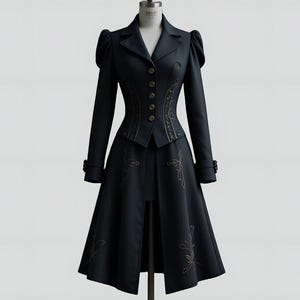 May include: A black coat and skirt outfit on a mannequin. The coat has long sleeves, decorative gold embroidery, and buttons. The skirt has a split front and matching embroidery. The outfit is a coordinated ensemble.
