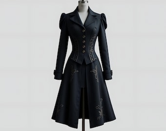 Women’s Genuine Leather Gothic Coat | Victorian Steampunk Long Jacket | Black Medieval Vampire Trench Coat for Women