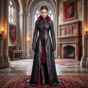 May include: A floor-length black leather coat featuring a high red-lined collar, intricate front lacing, and long sleeves with ribbed detailing. The coat is worn over a deep red garment, paired with dark brown knee-high boots, creating a structured look.