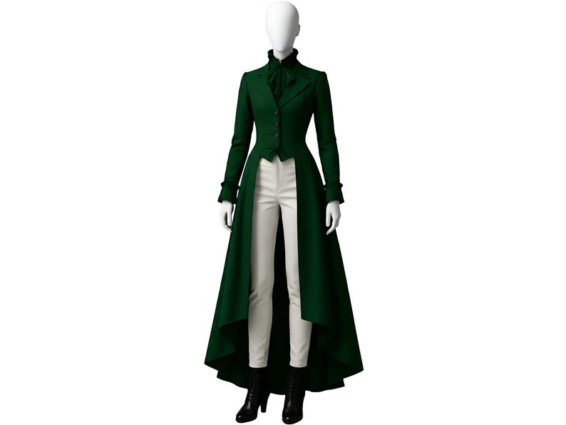 May include: A dark green long coat with a high collar and a long, flowing skirt. The coat is buttoned up the front and is paired with white pants and black boots. The mannequin is on a white background.