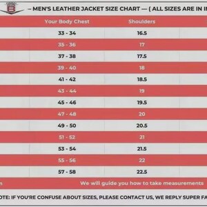 May include: A leather jacket size chart with a red and white striped background. The table lists sizes from XXS to 8XL with corresponding measurements in inches for body chest, shoulders, and sleeves. It includes a custom option and contact note.
