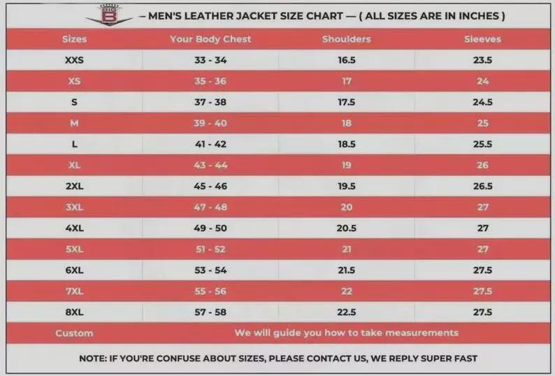 May include: A leather jacket size chart with a red and white striped background. The table lists sizes from XXS to 8XL with corresponding measurements in inches for body chest, shoulders, and sleeves. It includes a custom option and contact note.