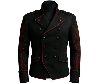 Men’s Gothic Military Coat with Red Embroidery – Double-Breasted Cotton Jacket – Vintage Military Fashion with Intricate Floral Details