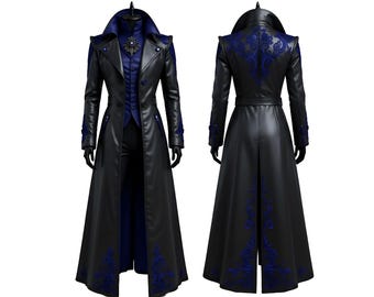 Gothic Vampire Trench Coat – Black & Blue Leather Steampunk Victorian Cosplay Coat  – Embroidered Dark Fantasy Dracula-Inspired Men's Coat