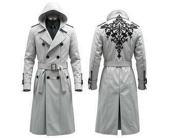 Men’s White Leather Trench Coat with Hood & Embroidery | Gothic Long Jacket | Genuine Leather Overcoat | Handmade Winter Coat
