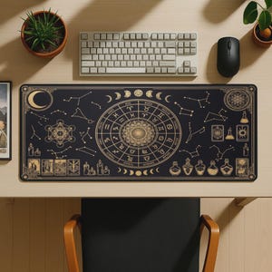 Desk Mat Astrology Zodiac Celestial Mystical Gold Black Sacred Geometry Tarot Alchemy Witchy Dark Academia Spiritual Office Decor Gift