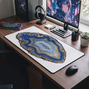 Blue Gold Agate Desk Mat - Elegant Mineral Art for Office