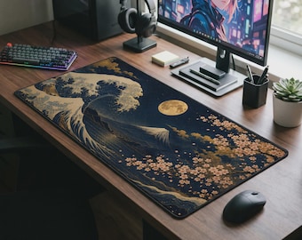Japanese Ukiyo-e Art Desk Mat with Great Wave Mount Fuji Moon Cherry Blossom, Indigo Blue Gold Large Gaming Office Pad, Style, Traditional